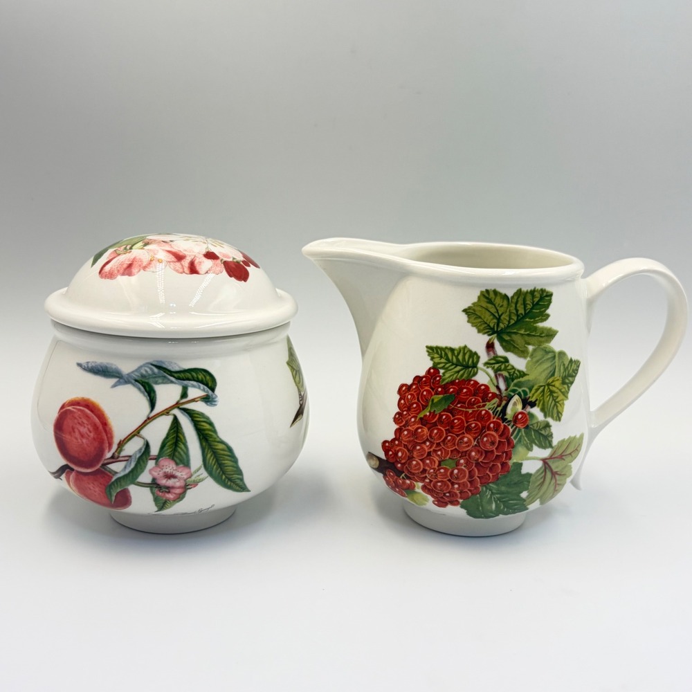 Portmeirion Pomona Creamer and Lidded Sugar Bowl Set Made in England Fruit Motif